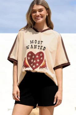 Most Wanted Tee - Graphic Print Short Sleeve T-Shirt with Racer Stripe Sleeves in Beige><noscript><img width=