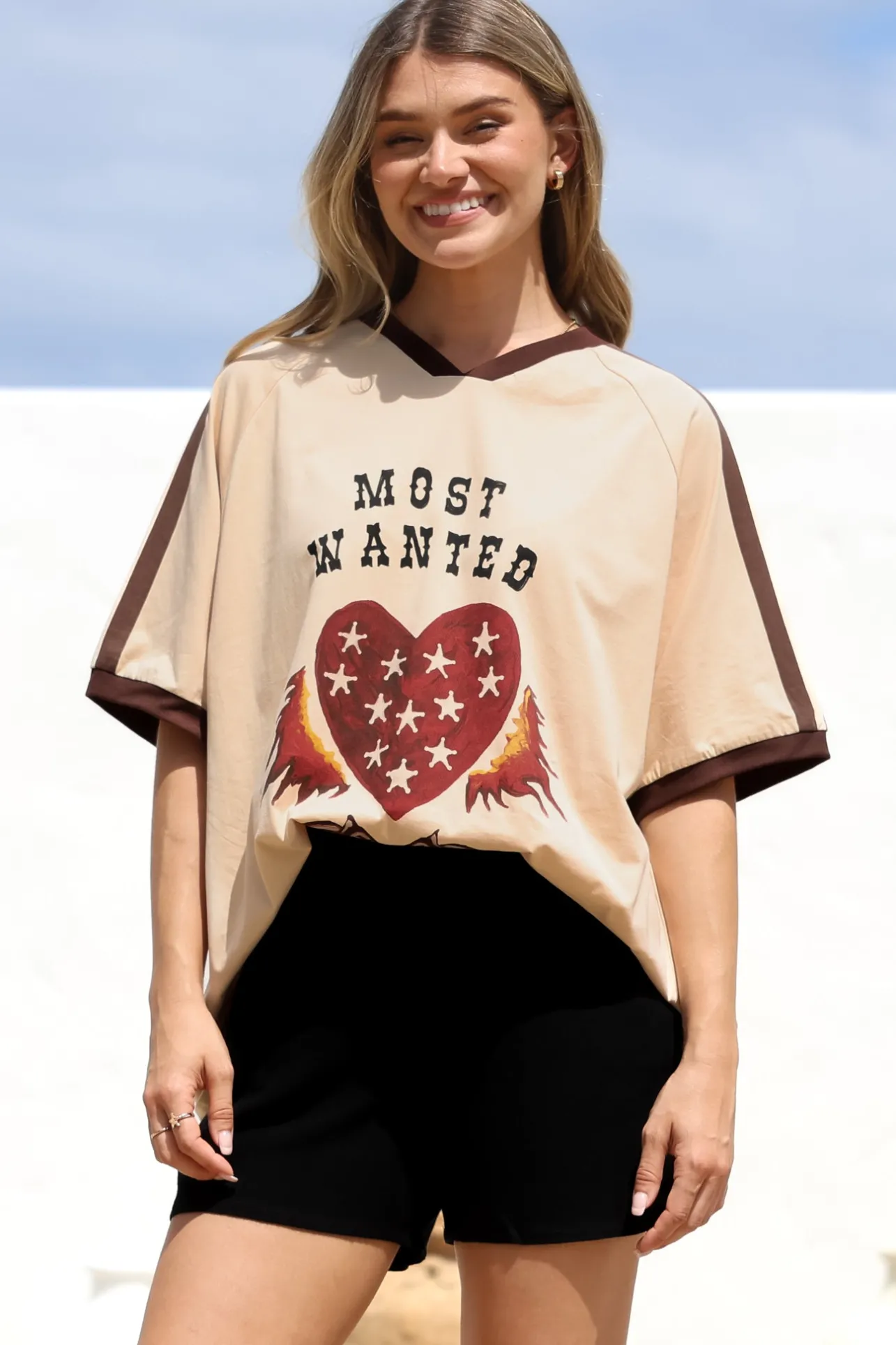 Most Wanted Tee - Graphic Print Short Sleeve T-Shirt with Racer Stripe Sleeves in Beige>Salty Crush Discount