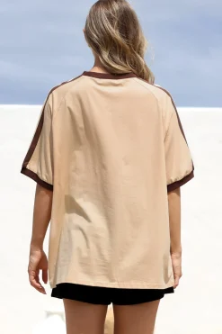 Most Wanted Tee - Graphic Print Short Sleeve T-Shirt with Racer Stripe Sleeves in Beige><noscript><img width=