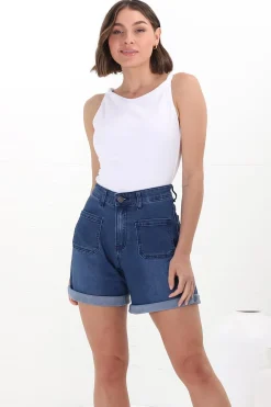 Murray Denim Shorts - High Waisted Stretchy Denim Shorts in Dark Denim>Salty Crush Hot