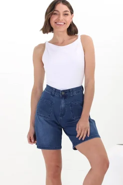 Murray Denim Shorts - High Waisted Stretchy Denim Shorts in Dark Denim>Salty Crush Hot
