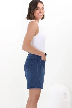 Murray Denim Shorts - High Waisted Stretchy Denim Shorts in Dark Denim><noscript><img width=