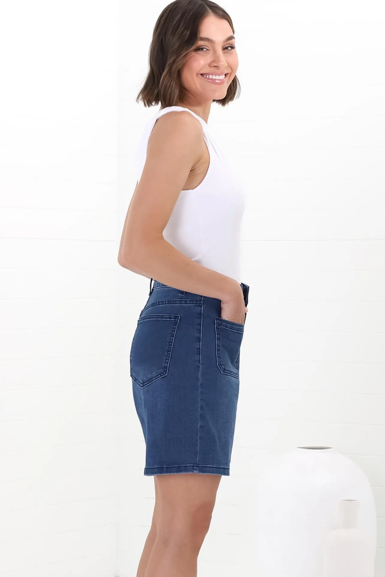 Murray Denim Shorts - High Waisted Stretchy Denim Shorts in Dark Denim>Salty Crush Hot