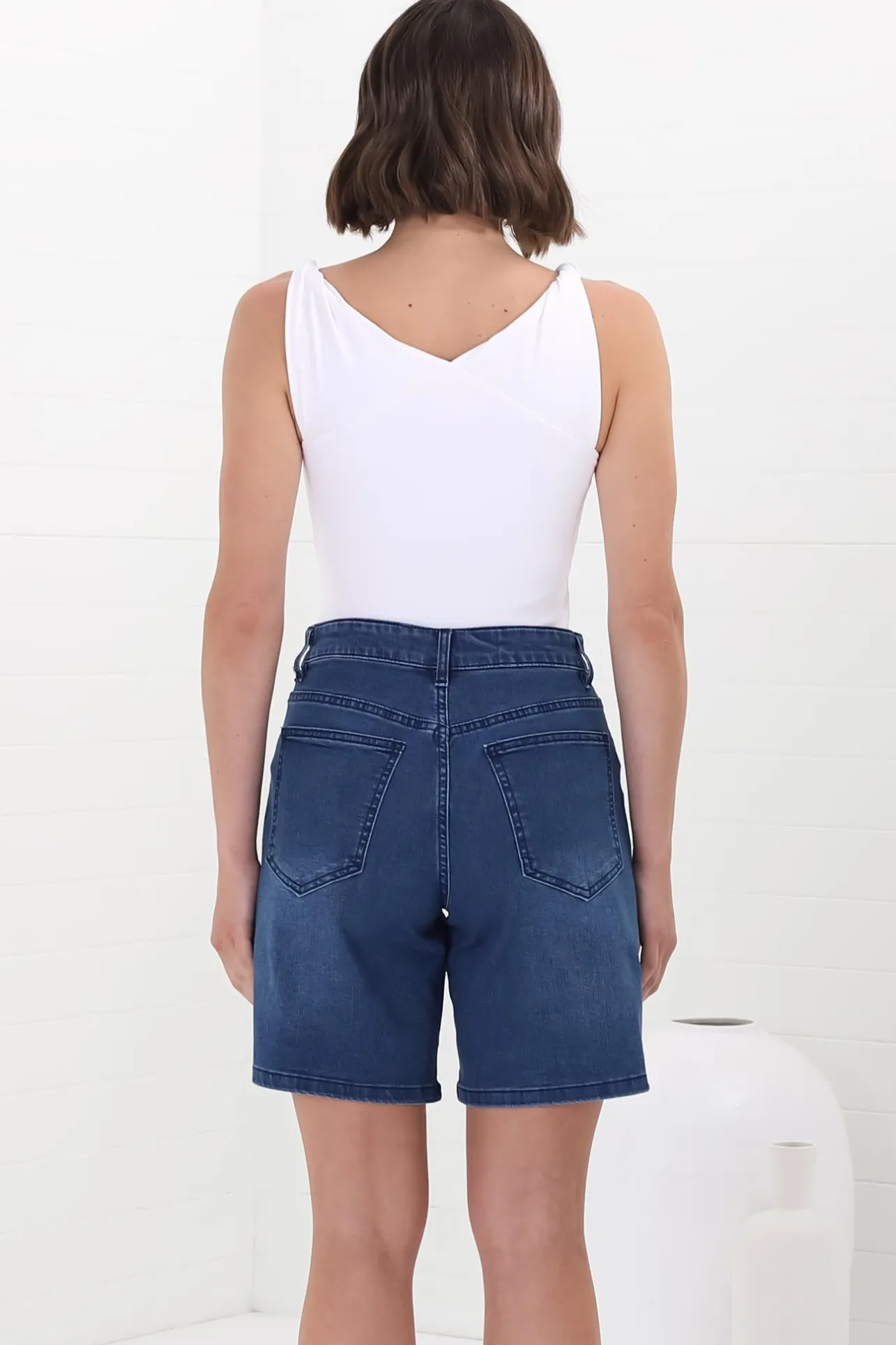 Murray Denim Shorts - High Waisted Stretchy Denim Shorts in Dark Denim>Salty Crush Hot