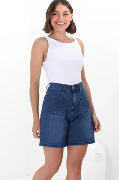 Murray Denim Shorts - High Waisted Stretchy Denim Shorts in Dark Denim><noscript><img width=