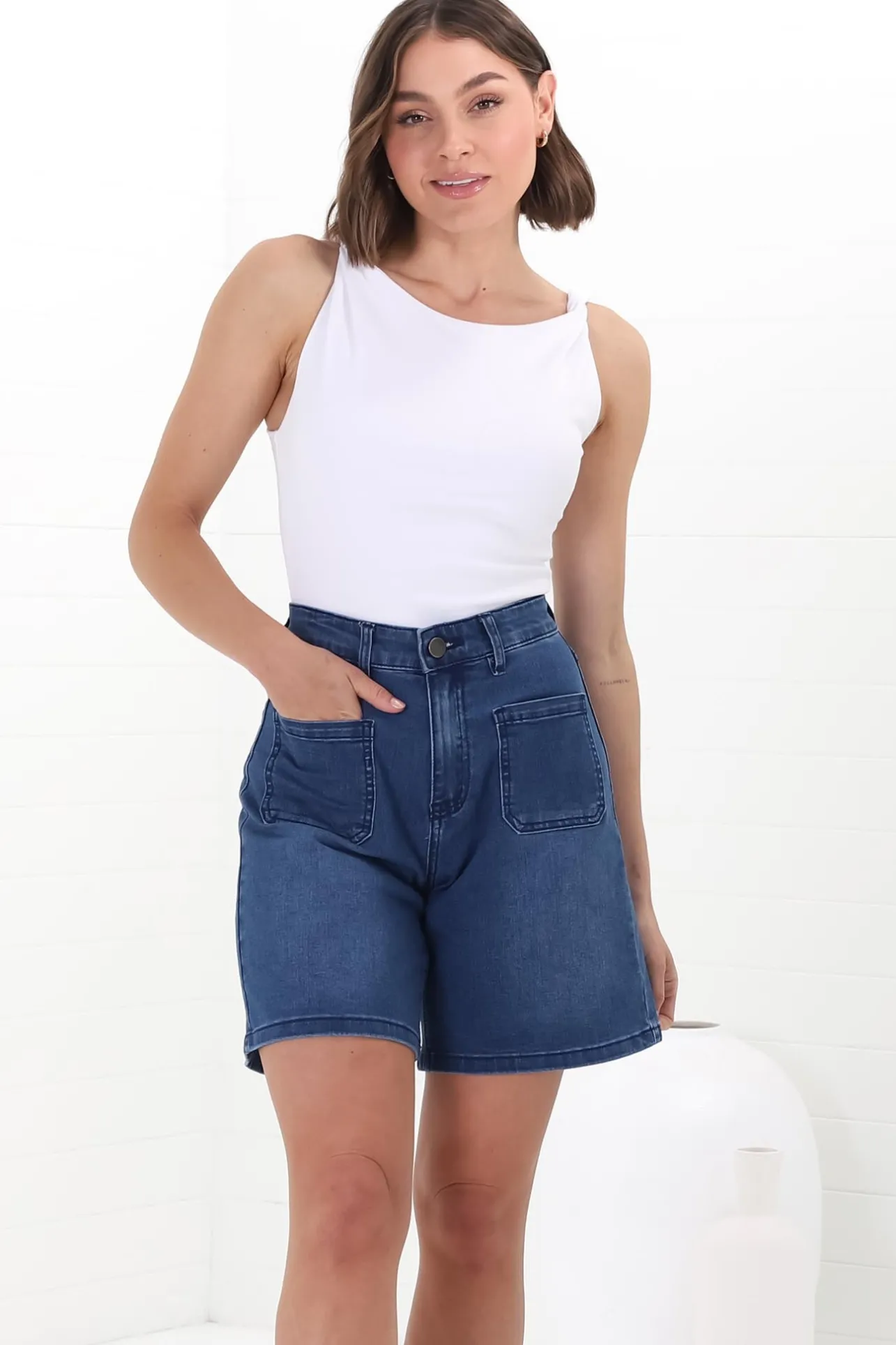 Murray Denim Shorts - High Waisted Stretchy Denim Shorts in Dark Denim>Salty Crush Hot
