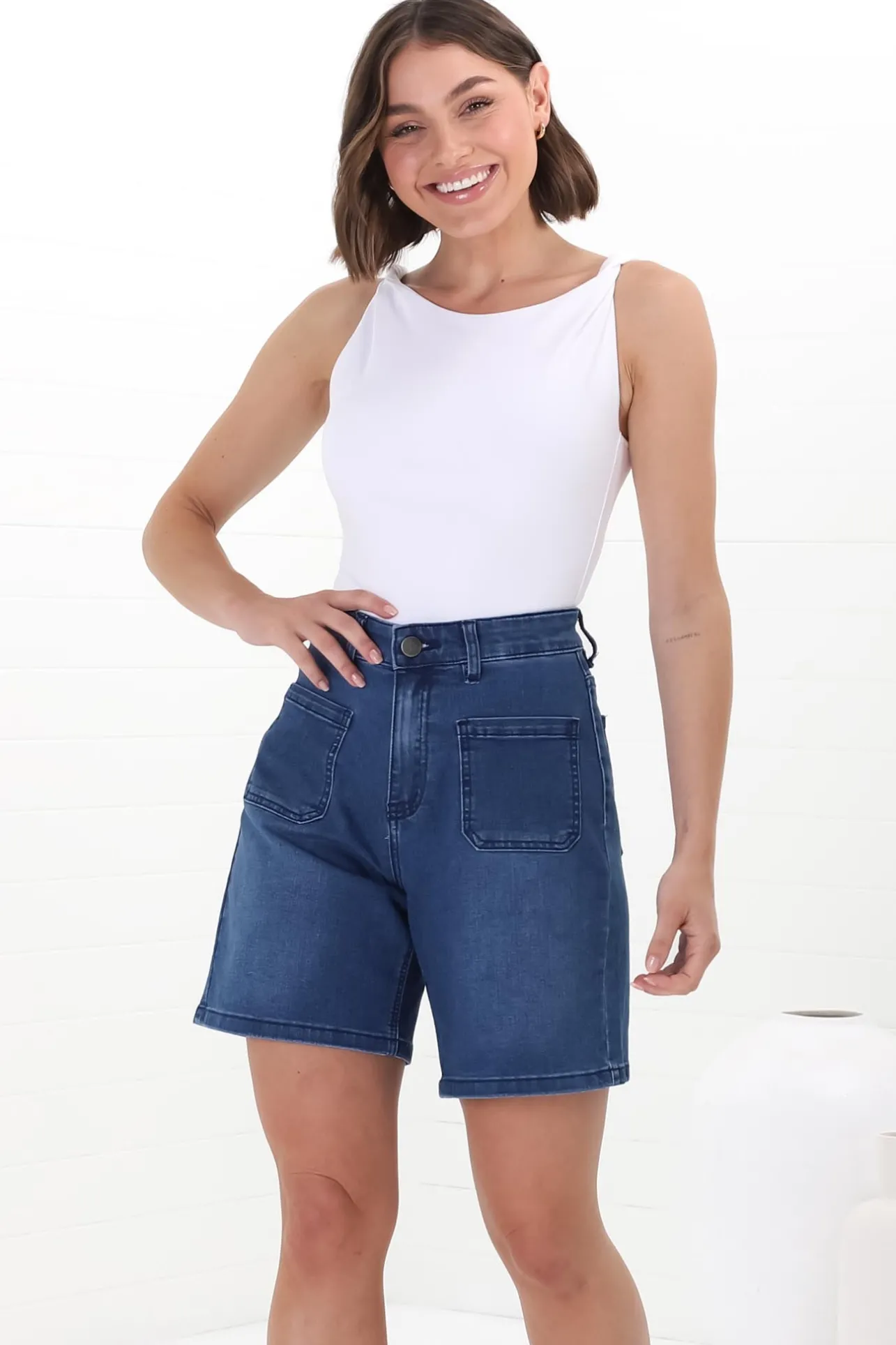 Murray Denim Shorts - High Waisted Stretchy Denim Shorts in Dark Denim>Salty Crush Hot