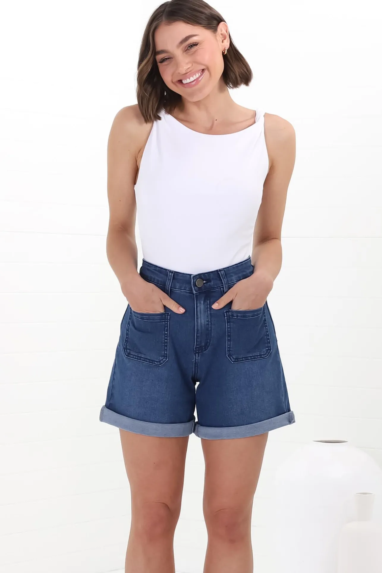 Murray Denim Shorts - High Waisted Stretchy Denim Shorts in Dark Denim>Salty Crush Hot