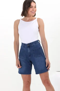 Murray Denim Shorts - High Waisted Stretchy Denim Shorts in Dark Denim><noscript><img width=