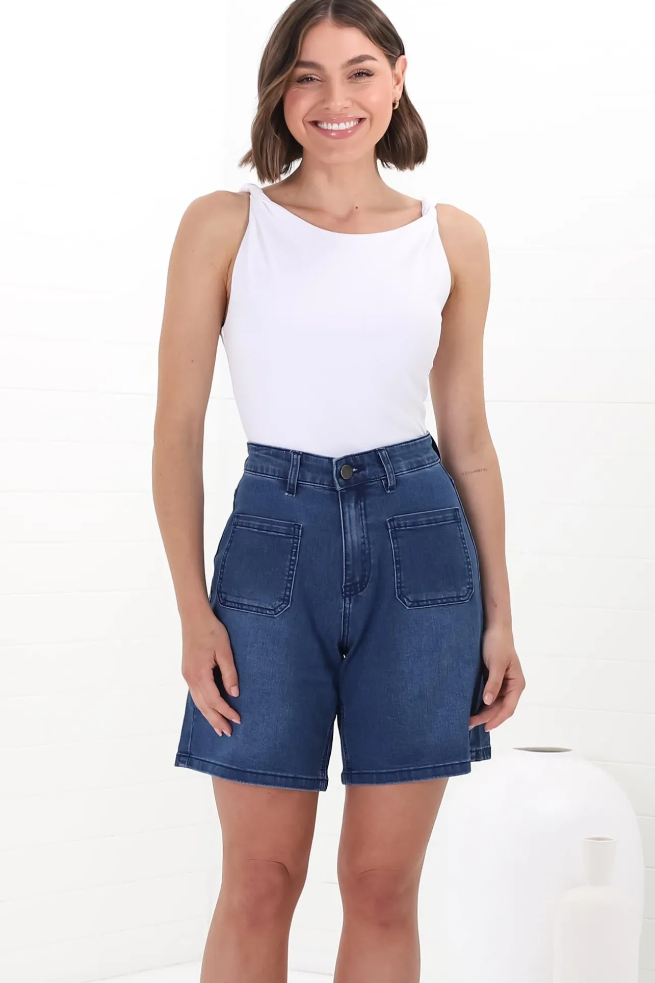 Murray Denim Shorts - High Waisted Stretchy Denim Shorts in Dark Denim>Salty Crush Hot