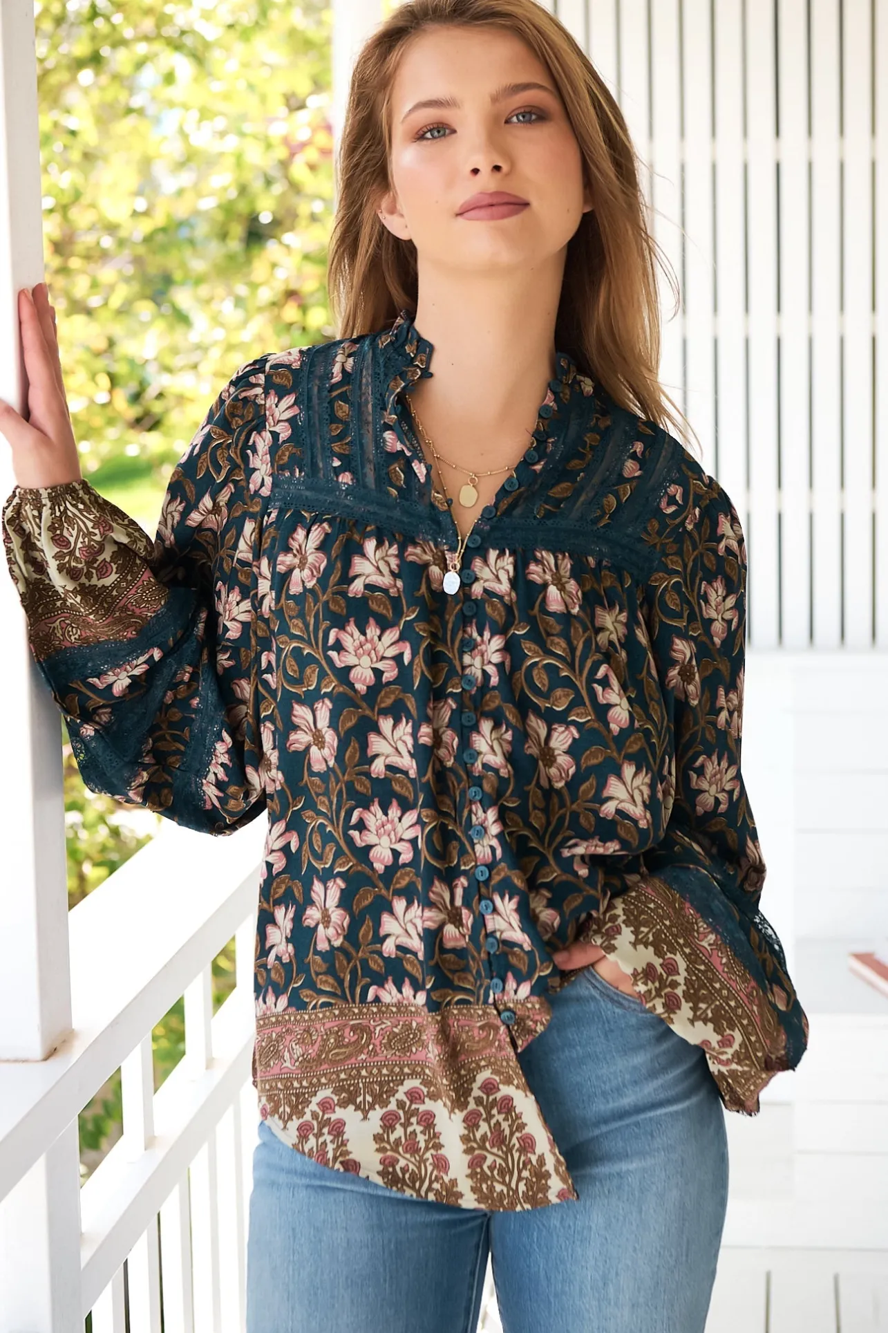 Nadia Blouse - Scoop Hem Lace Detailing Button Down in Nomade Print>Jaase Clearance