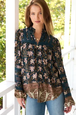 Nadia Blouse - Scoop Hem Lace Detailing Button Down in Nomade Print><noscript><img width=