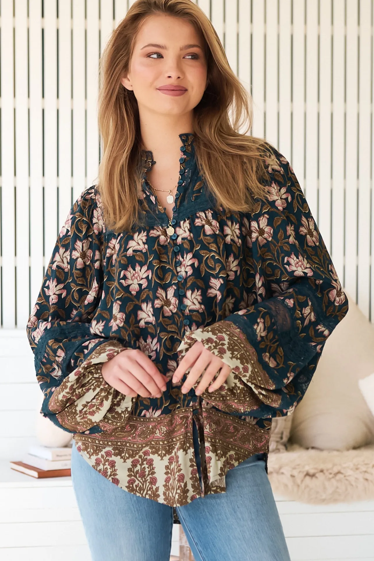 Nadia Blouse - Scoop Hem Lace Detailing Button Down in Nomade Print>Jaase Clearance