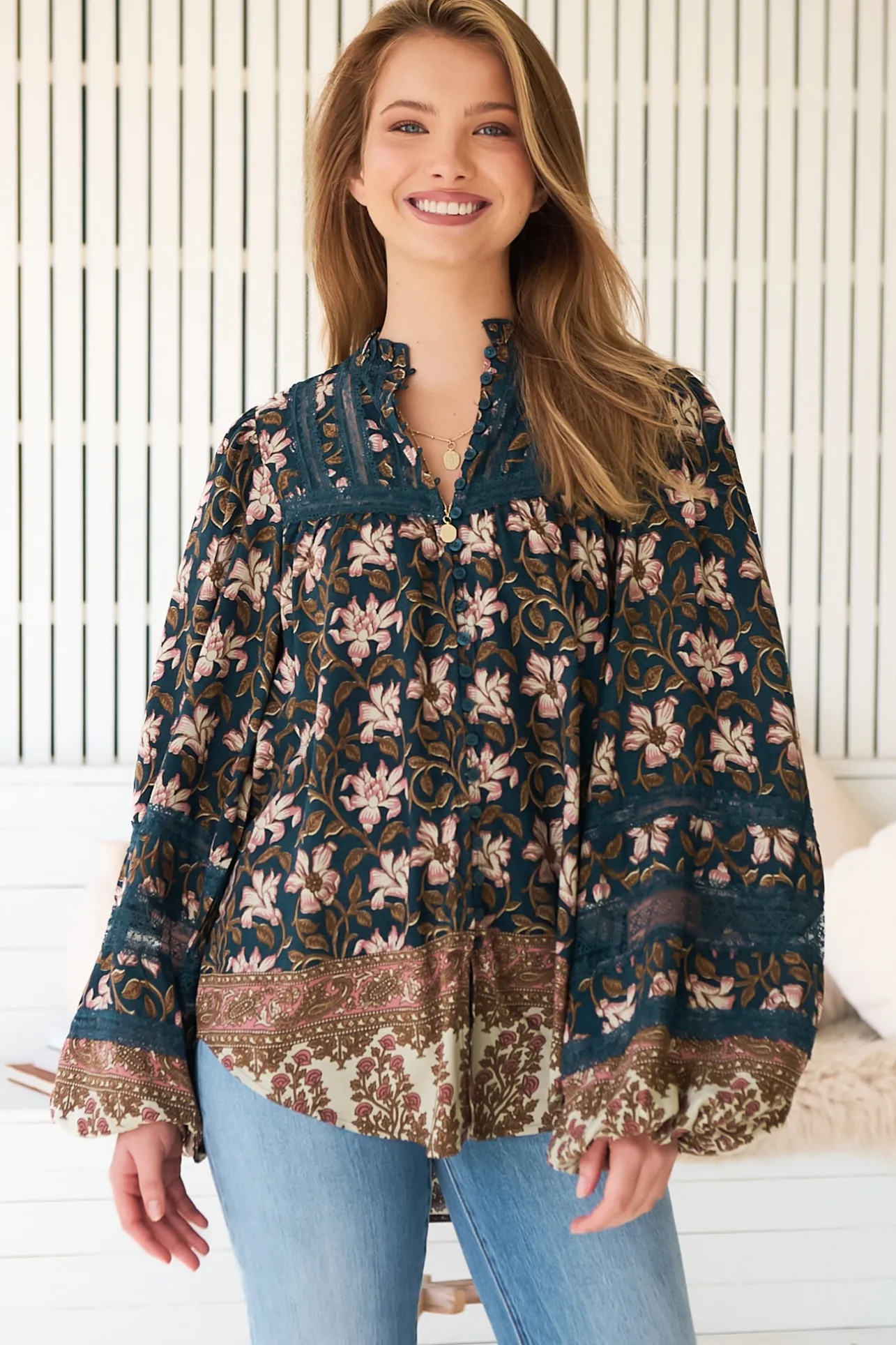 Nadia Blouse - Scoop Hem Lace Detailing Button Down in Nomade Print>Jaase Clearance