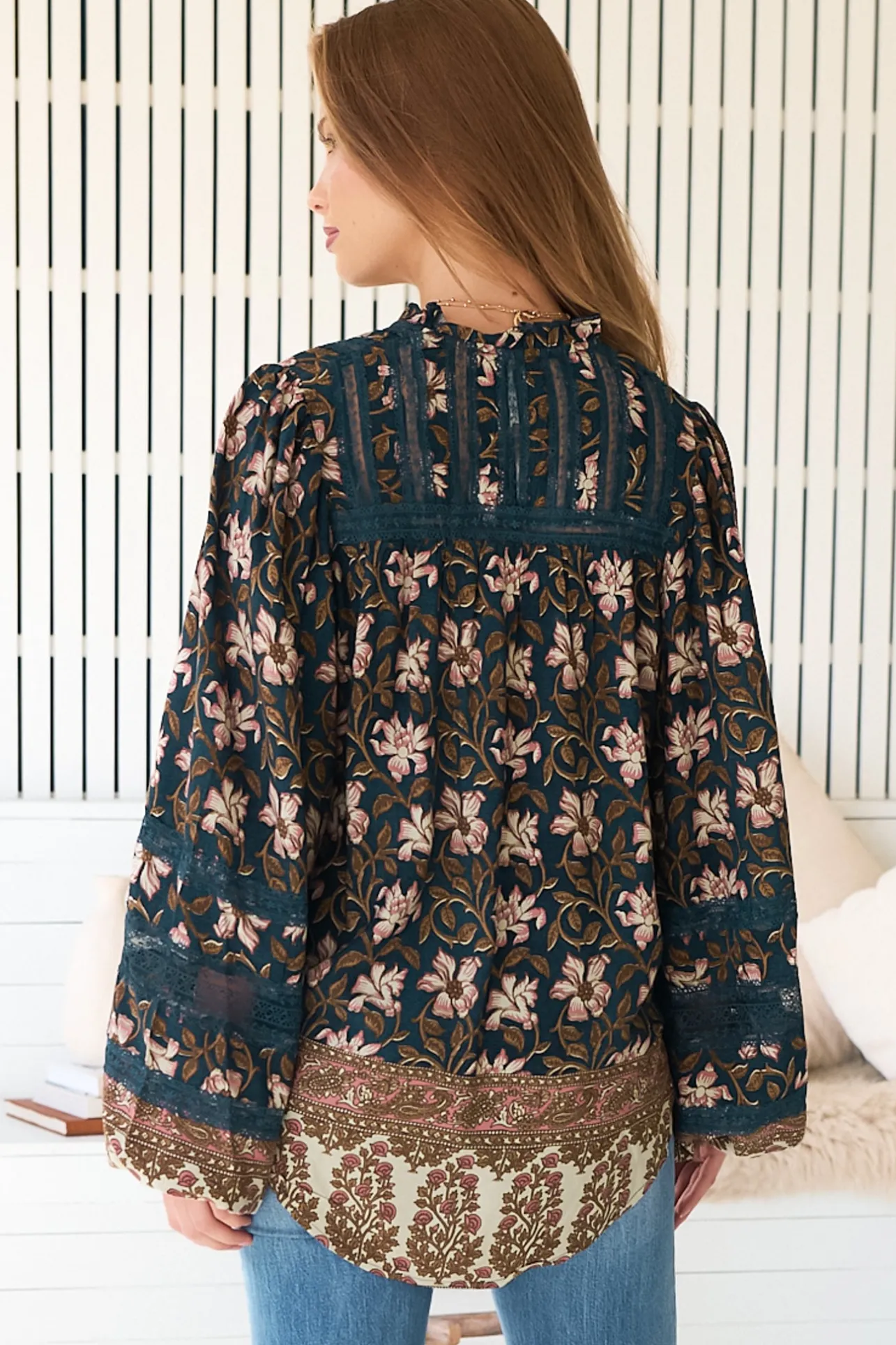 Nadia Blouse - Scoop Hem Lace Detailing Button Down in Nomade Print>Jaase Clearance