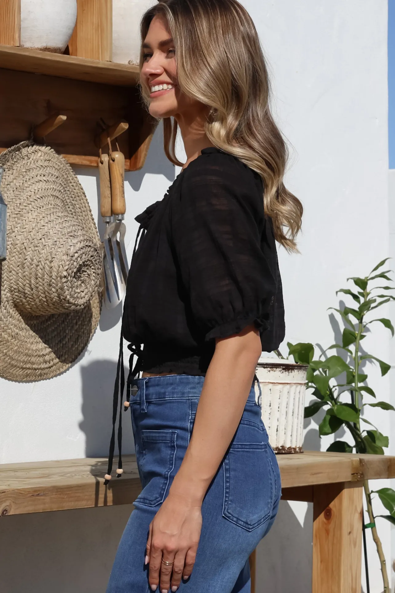 Nadiya Crop - Adjustable Neck and Hemline Crop with Pleating Details in Black>Salty Crush Clearance