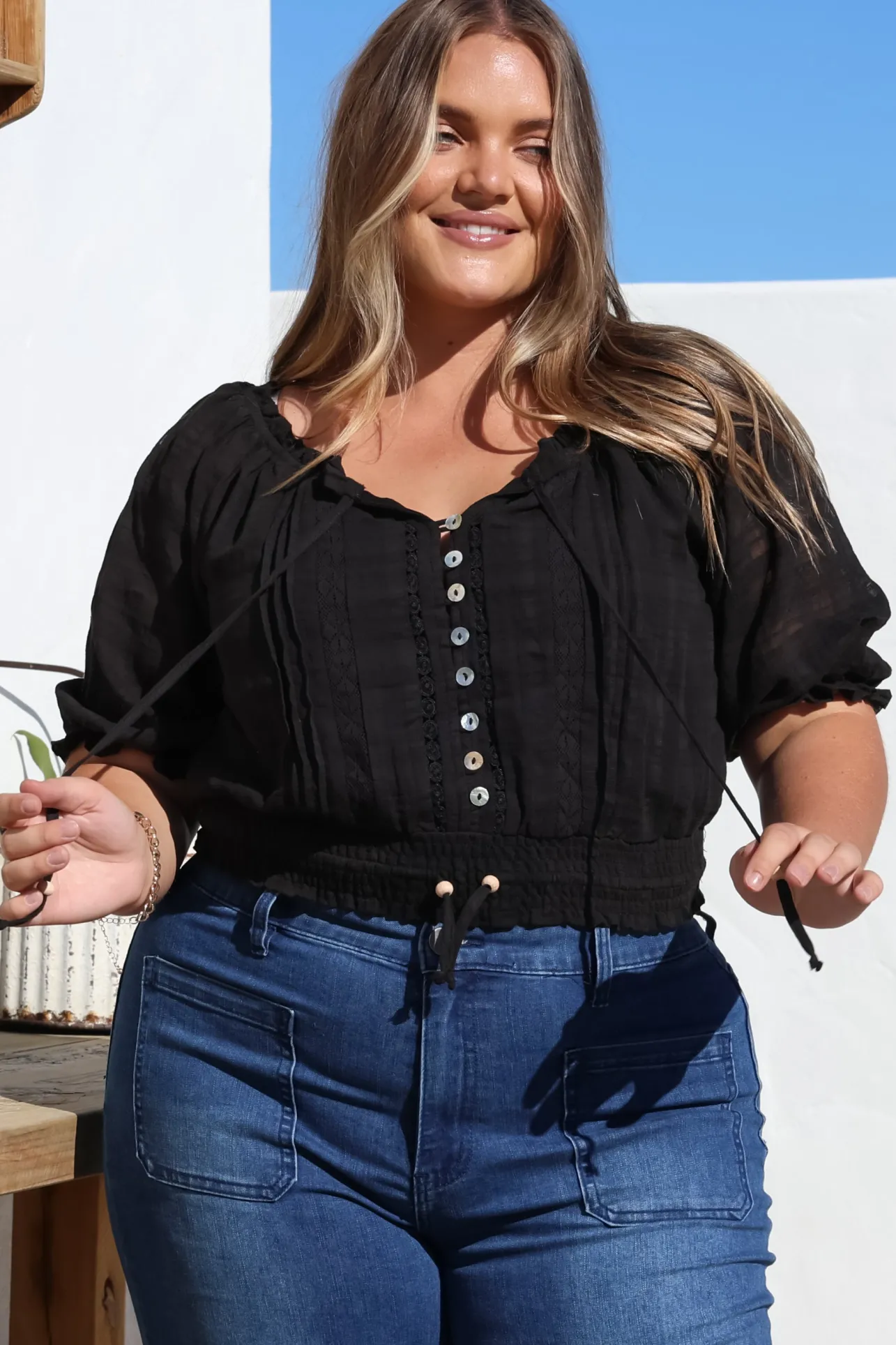 Nadiya Crop - Adjustable Neck and Hemline Crop with Pleating Details in Black>Salty Crush Clearance
