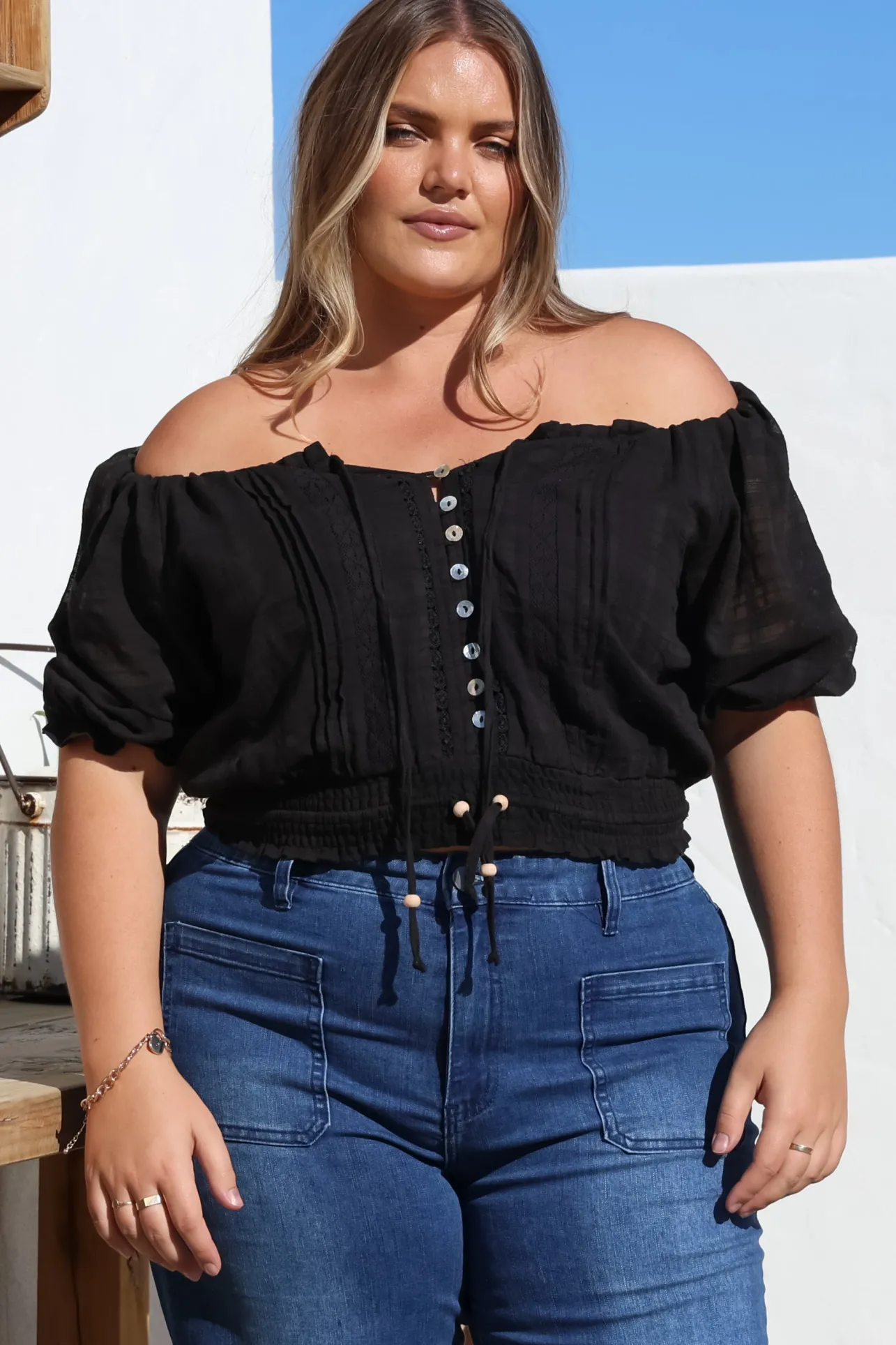 Nadiya Crop - Adjustable Neck and Hemline Crop with Pleating Details in Black>Salty Crush Clearance