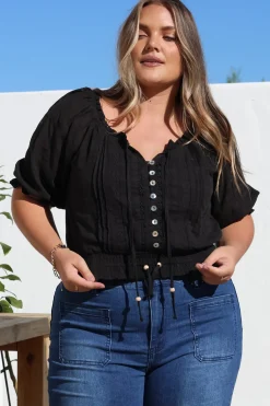Nadiya Crop - Adjustable Neck and Hemline Crop with Pleating Details in Black><noscript><img width=