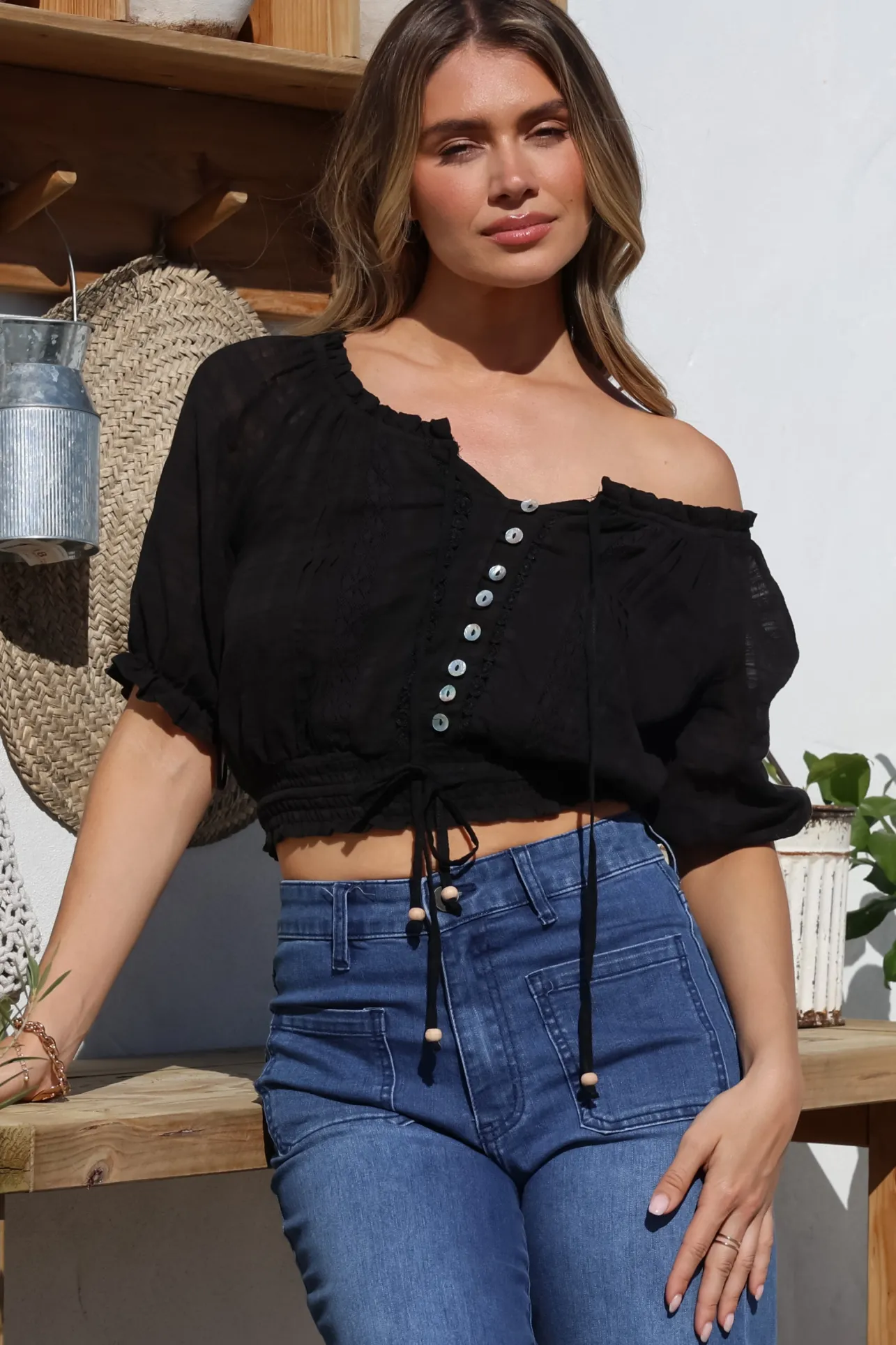 Nadiya Crop - Adjustable Neck and Hemline Crop with Pleating Details in Black>Salty Crush Clearance