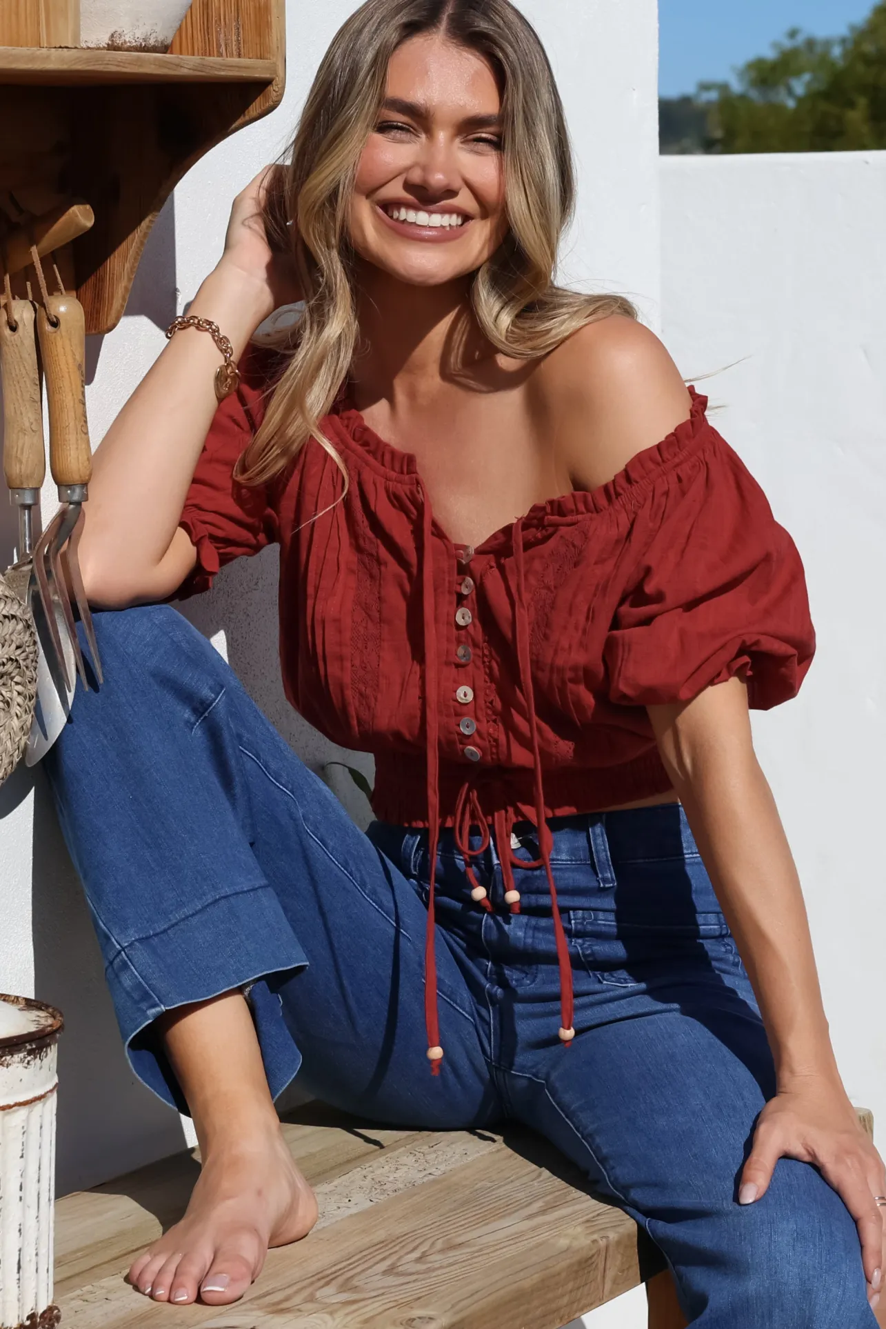 Nadiya Crop - Adjustable Neck and Hemline Crop with Pleating Details in Rust>Salty Crush Discount
