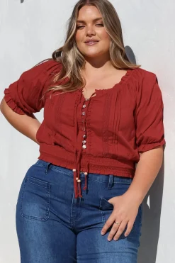 Nadiya Crop - Adjustable Neck and Hemline Crop with Pleating Details in Rust><noscript><img width=