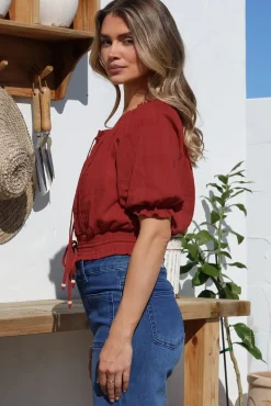 Nadiya Crop - Adjustable Neck and Hemline Crop with Pleating Details in Rust><noscript><img width=