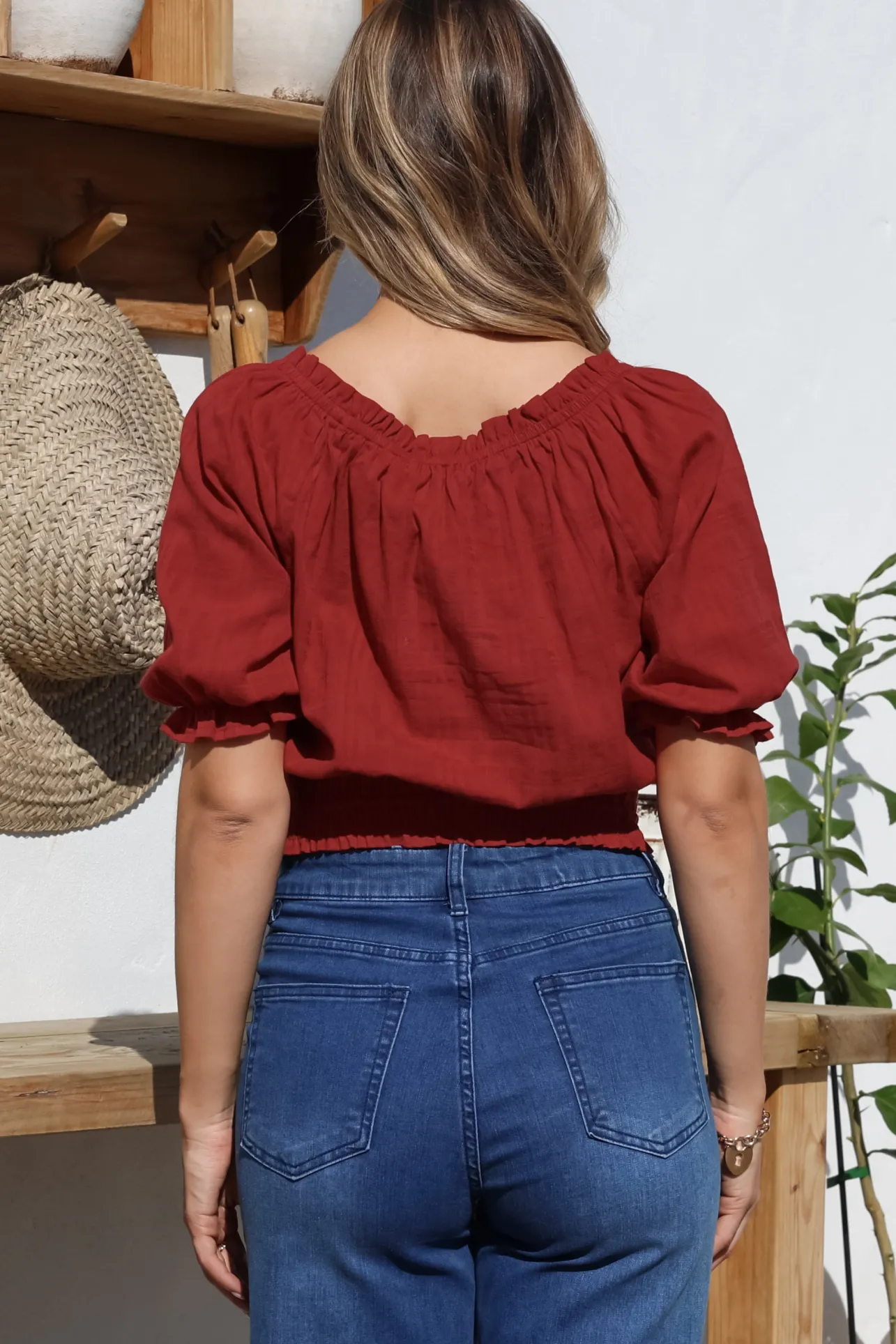 Nadiya Crop - Adjustable Neck and Hemline Crop with Pleating Details in Rust>Salty Crush Discount