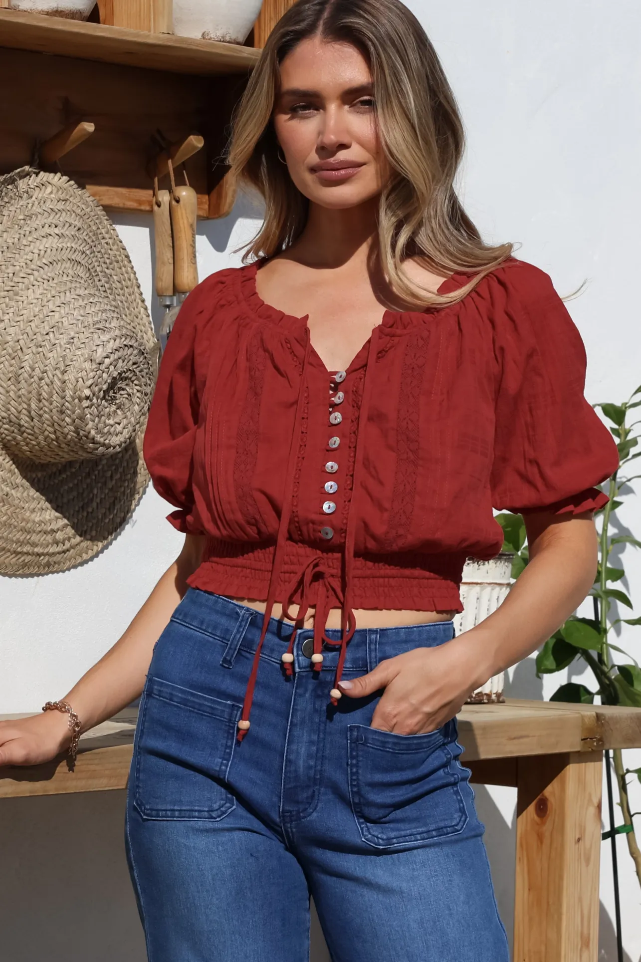 Nadiya Crop - Adjustable Neck and Hemline Crop with Pleating Details in Rust>Salty Crush Discount