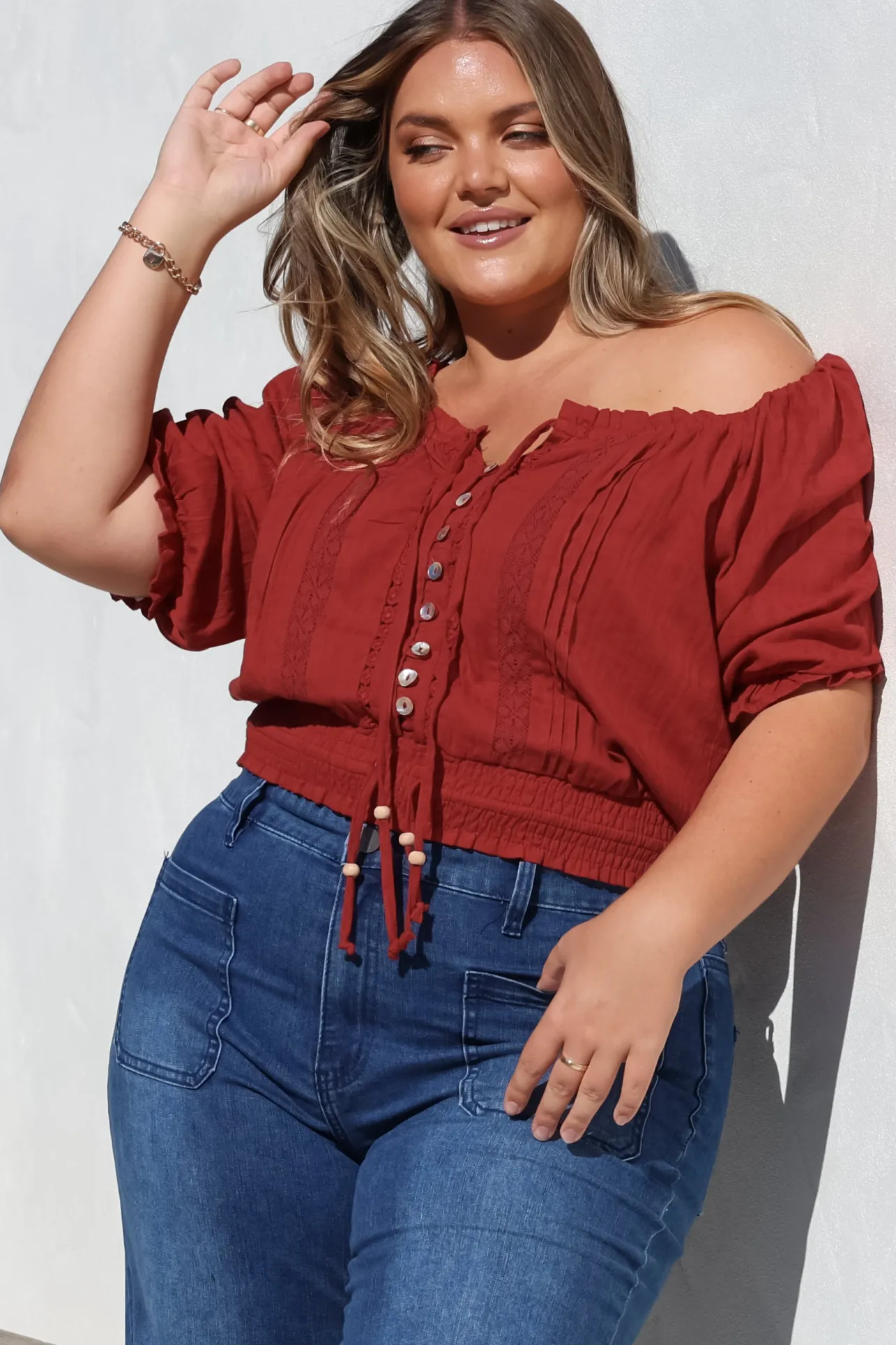 Nadiya Crop - Adjustable Neck and Hemline Crop with Pleating Details in Rust>Salty Crush Discount