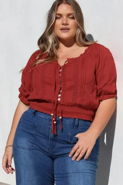 Nadiya Crop - Adjustable Neck and Hemline Crop with Pleating Details in Rust><noscript><img width=