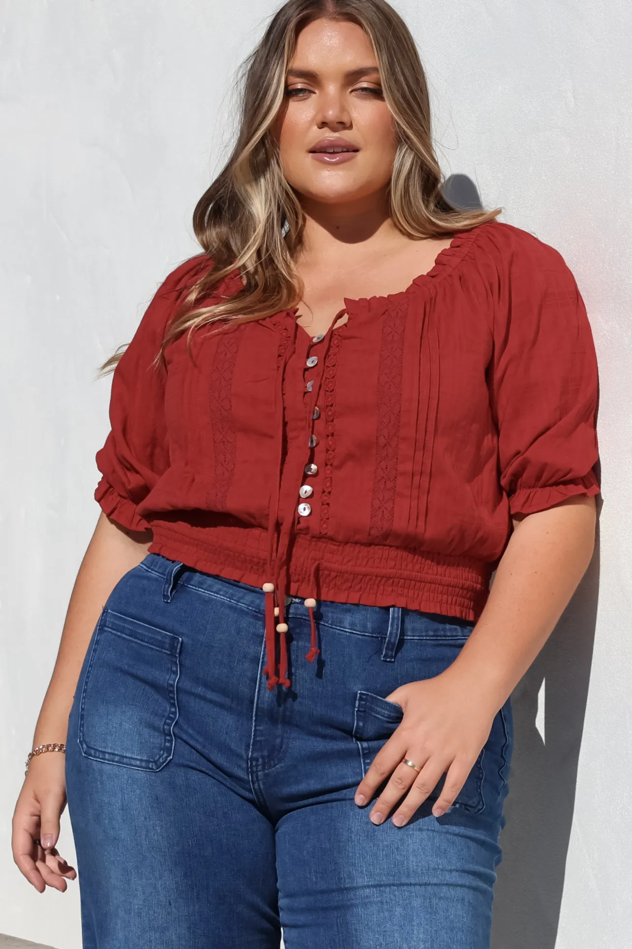 Nadiya Crop - Adjustable Neck and Hemline Crop with Pleating Details in Rust>Salty Crush Discount