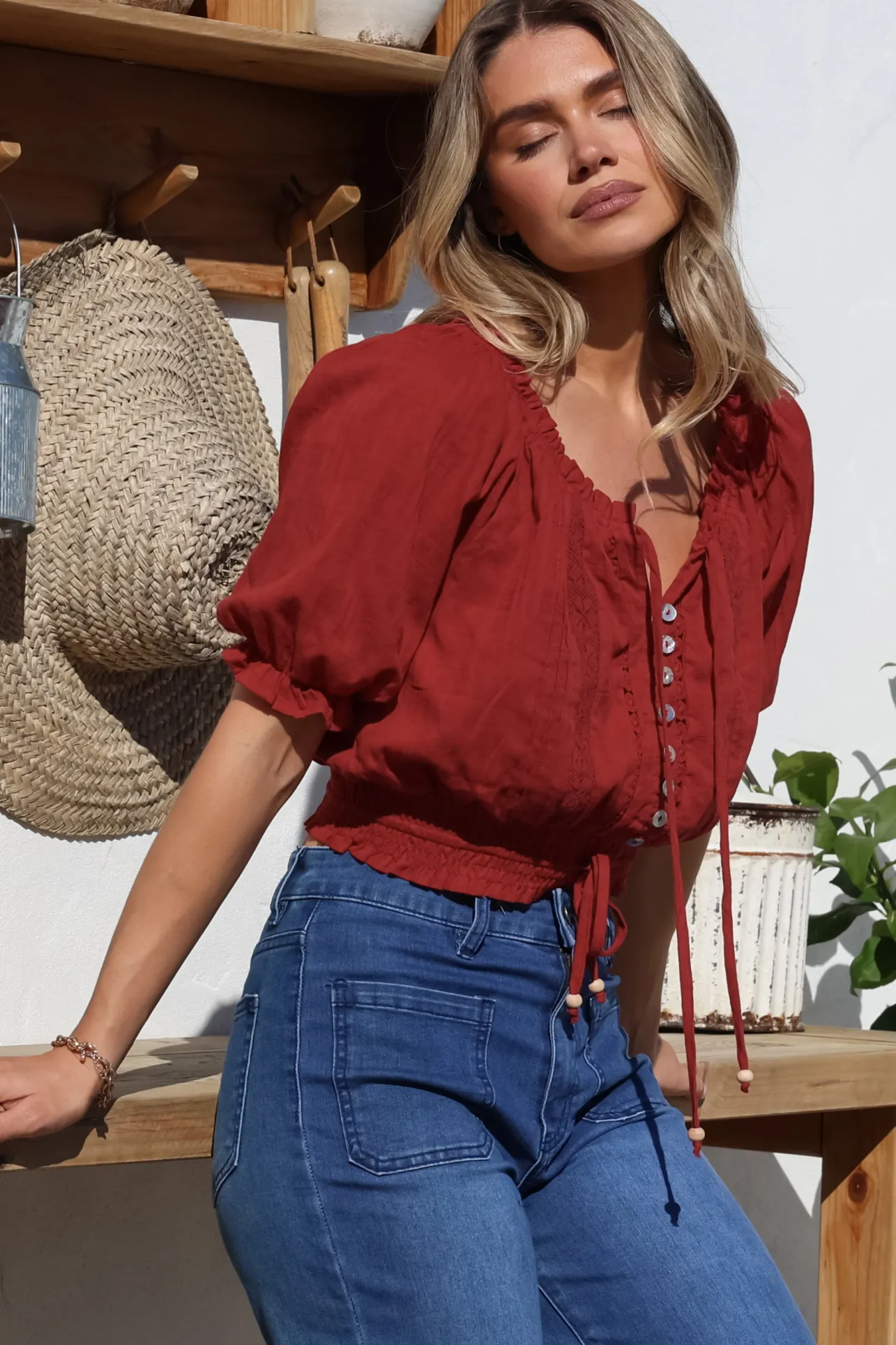 Nadiya Crop - Adjustable Neck and Hemline Crop with Pleating Details in Rust>Salty Crush Discount
