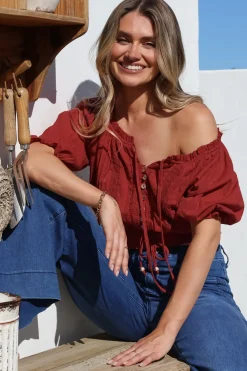 Nadiya Crop - Adjustable Neck and Hemline Crop with Pleating Details in Rust><noscript><img width=