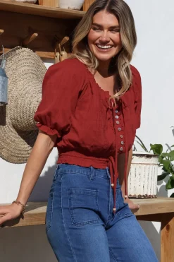 Nadiya Crop - Adjustable Neck and Hemline Crop with Pleating Details in Rust><noscript><img width=