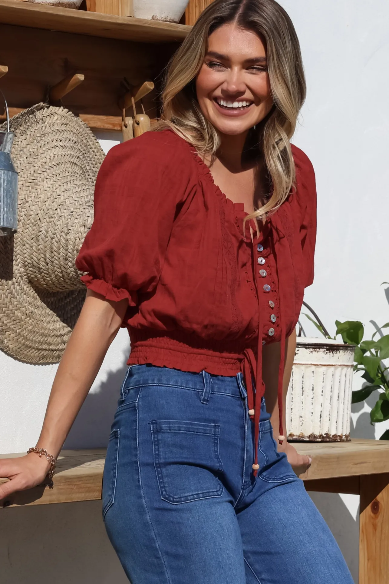 Nadiya Crop - Adjustable Neck and Hemline Crop with Pleating Details in Rust>Salty Crush Discount