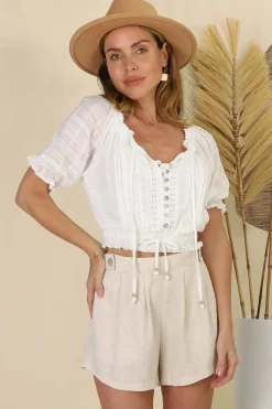 Nadiya Crop - Adjustable Neck and Hemline Crop with Pleating Details in White><noscript><img width=