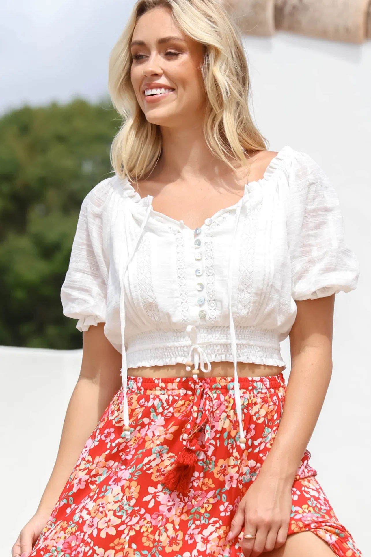 Nadiya Crop - Adjustable Neck and Hemline Crop with Pleating Details in White>Salty Crush Online