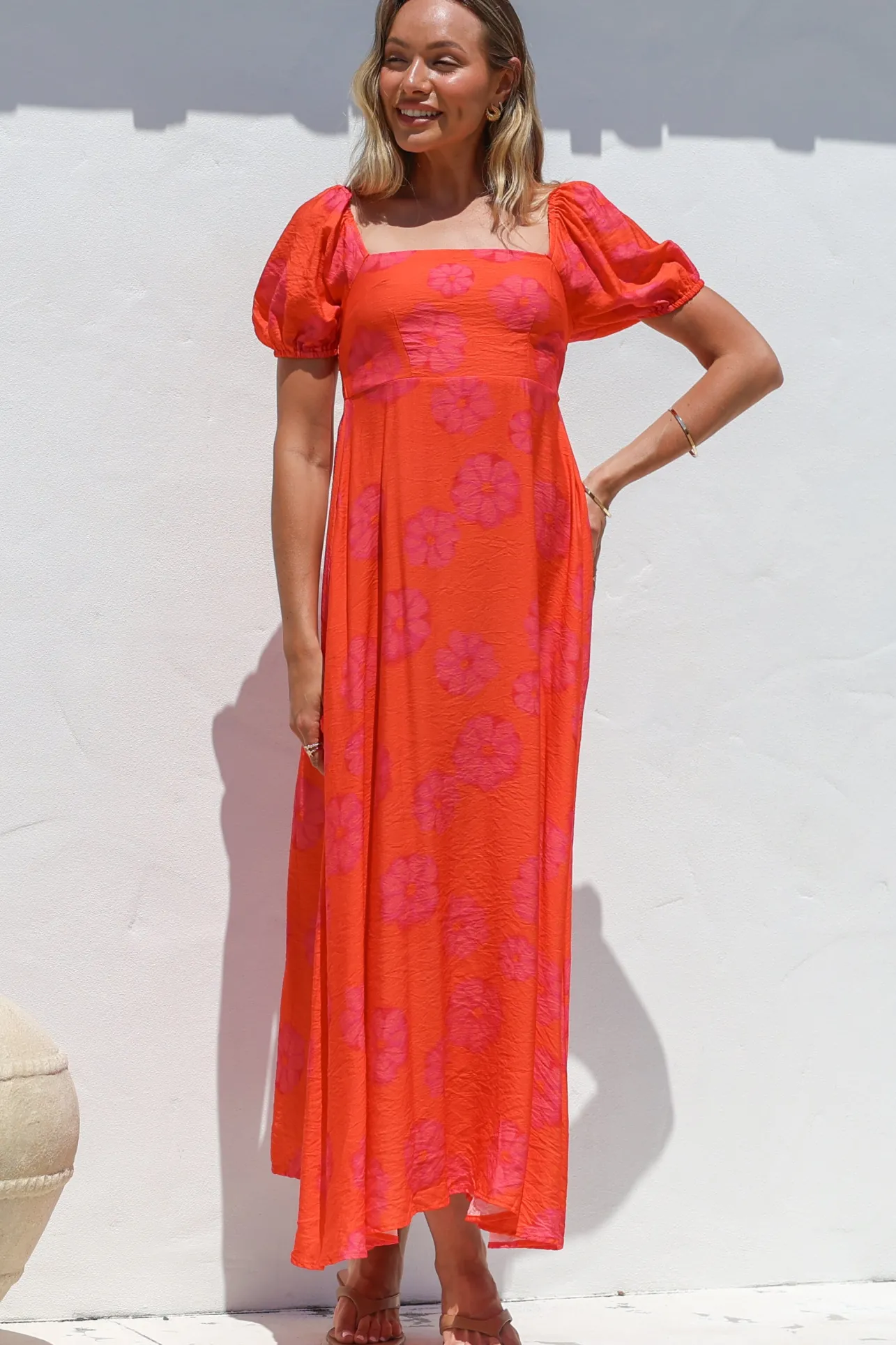 Nani Midi Dress - Milkmaid Neckline Dress with Short Sleeves in Sallio Print>Salty Crush