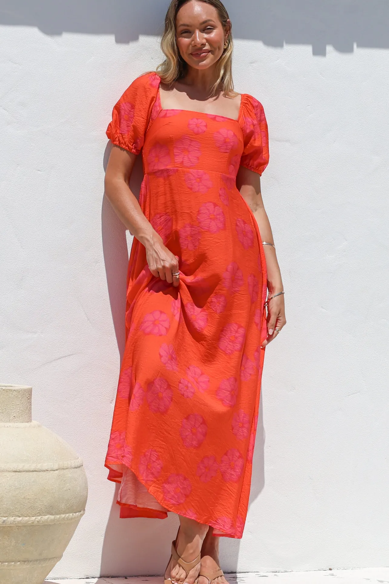 Nani Midi Dress - Milkmaid Neckline Dress with Short Sleeves in Sallio Print>Salty Crush