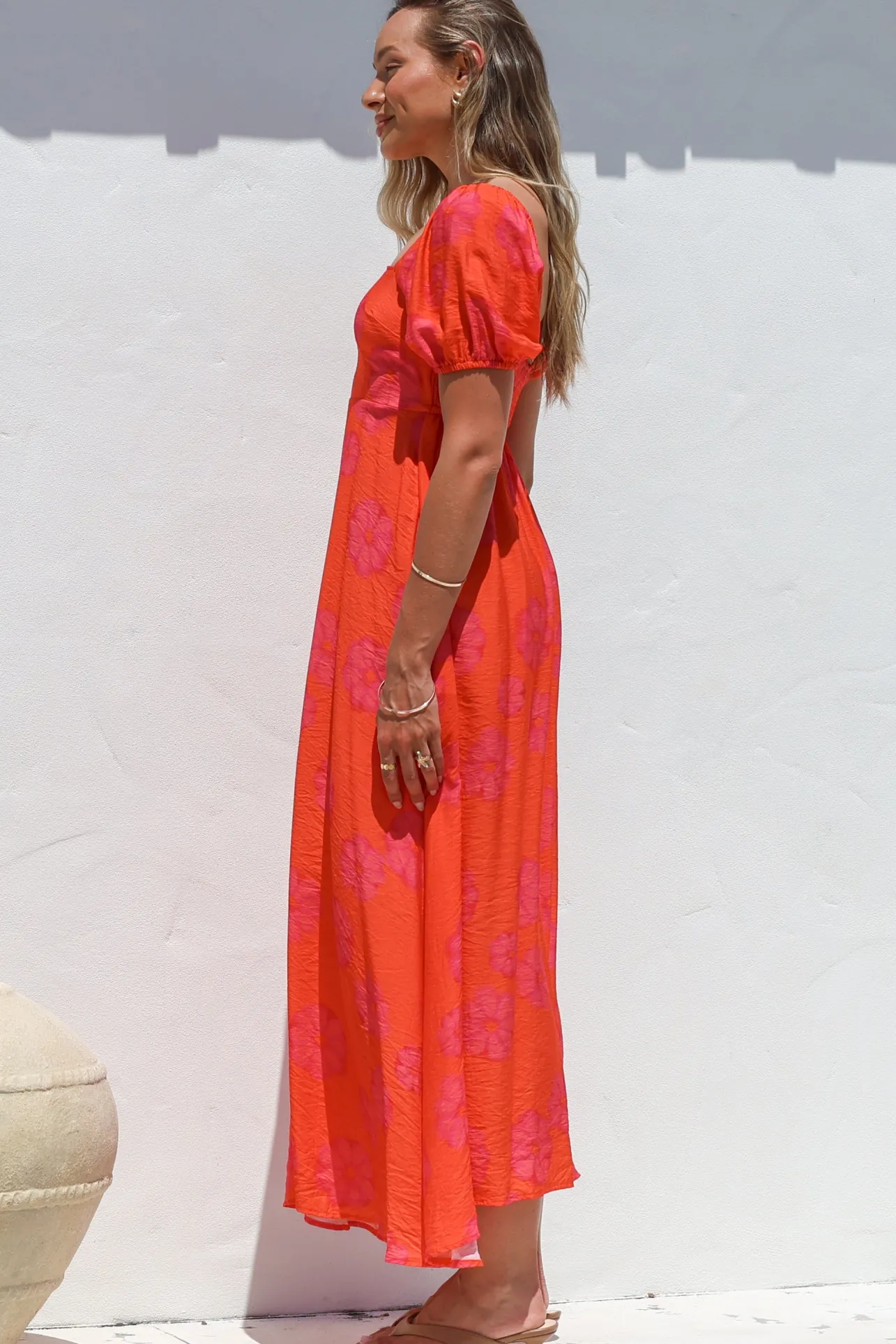 Nani Midi Dress - Milkmaid Neckline Dress with Short Sleeves in Sallio Print>Salty Crush