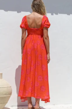 Nani Midi Dress - Milkmaid Neckline Dress with Short Sleeves in Sallio Print><noscript><img width=