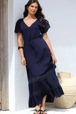 Narissa Maxi Dress - A-Line Dress with Lace Splicing and Flutter Sleeves in Navy>Salty Crush Online