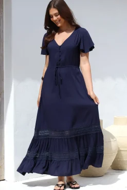 Narissa Maxi Dress - A-Line Dress with Lace Splicing and Flutter Sleeves in Navy><noscript><img width=