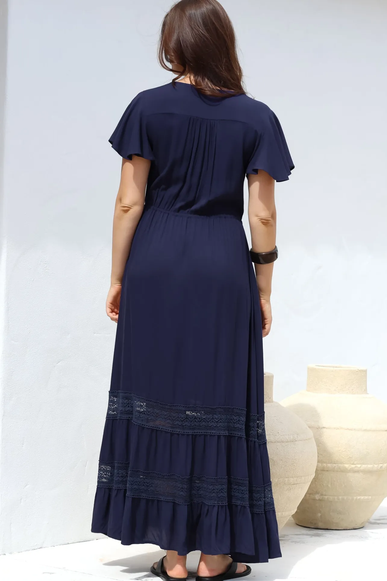Narissa Maxi Dress - A-Line Dress with Lace Splicing and Flutter Sleeves in Navy>Salty Crush Online