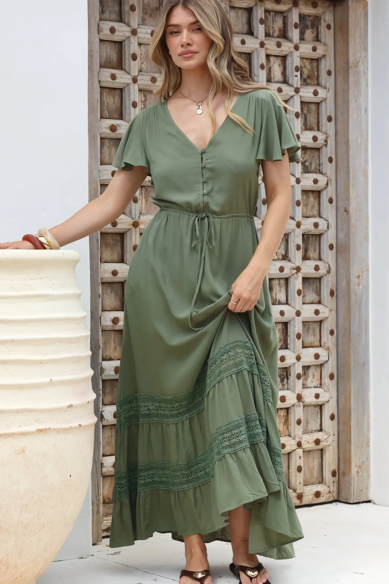 Narissa Maxi Dress - A-Line Dress with Lace Splicing and Flutter Sleeves in Khaki>Salty Crush Online