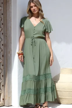Narissa Maxi Dress - A-Line Dress with Lace Splicing and Flutter Sleeves in Khaki><noscript><img width=