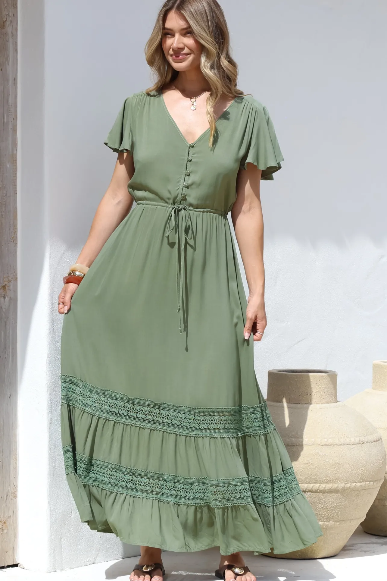 Narissa Maxi Dress - A-Line Dress with Lace Splicing and Flutter Sleeves in Khaki>Salty Crush Online