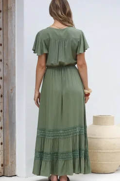 Narissa Maxi Dress - A-Line Dress with Lace Splicing and Flutter Sleeves in Khaki><noscript><img width=