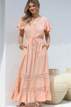 Narissa Maxi Dress - A-Line Dress with Lace Splicing and Flutter Sleeves in Blush><noscript><img width=